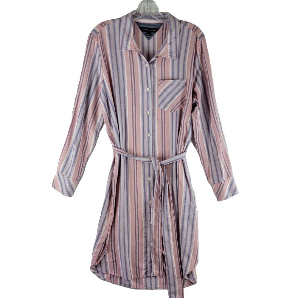 Tommy Hilfiger Pink Blue Striped Long Sleeve Shirtdress Belted sz 14